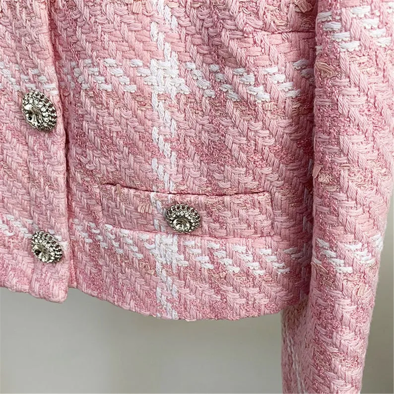 Women's Jewellery Buttons Tweed Pink Crop Blazer   Skirt