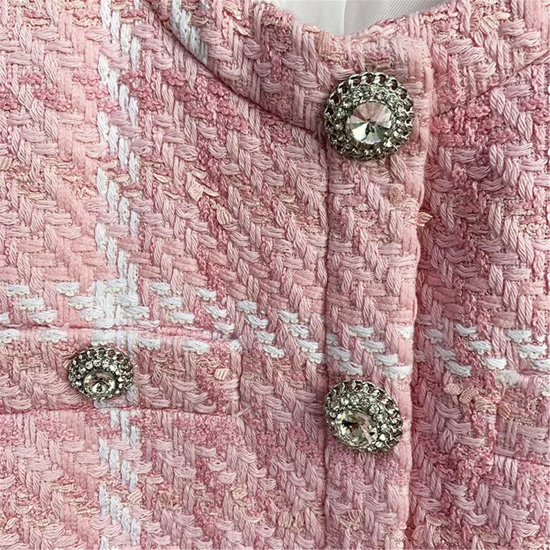 Women's Jewellery Buttons Tweed Pink Crop Blazer   Skirt