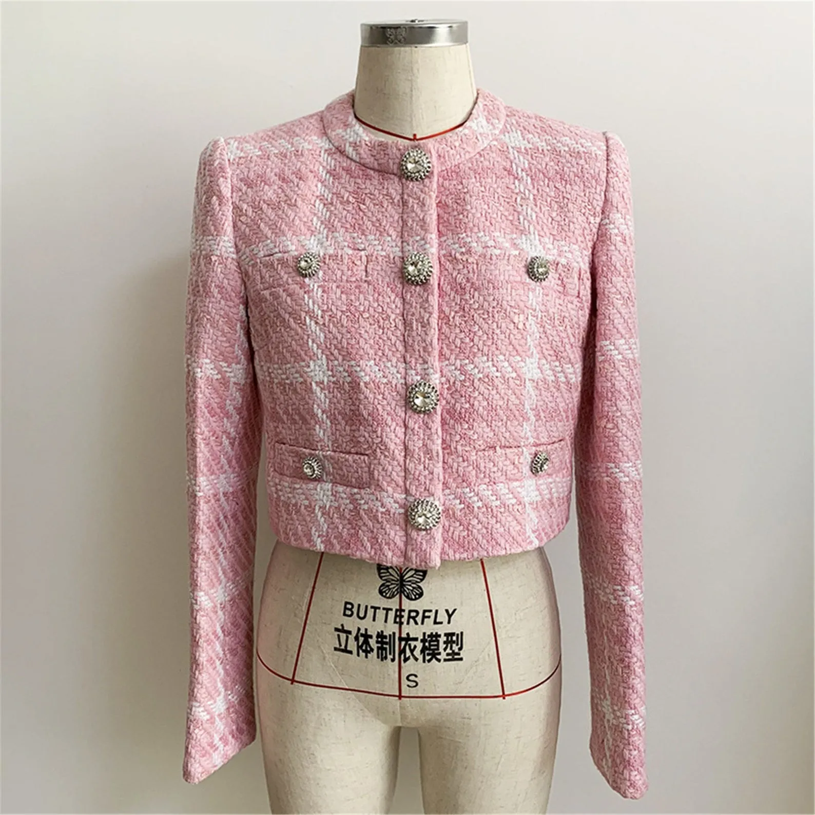 Women's Jewellery Buttons Tweed Pink Crop Blazer   Skirt