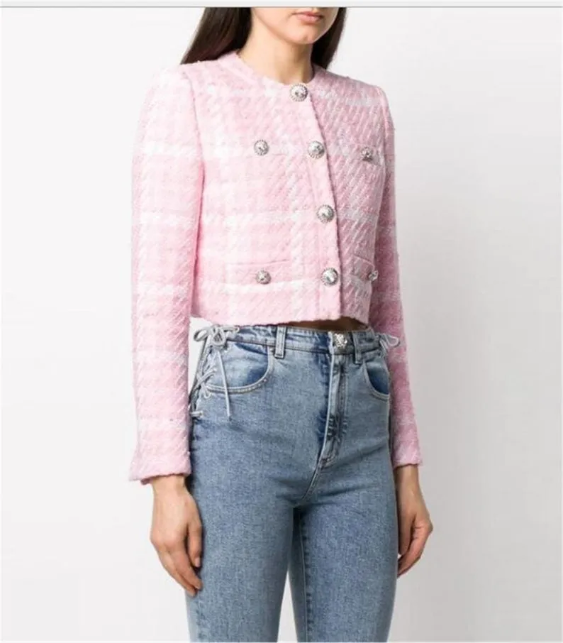 Women's Jewellery Buttons Tweed Pink Crop Blazer   Skirt