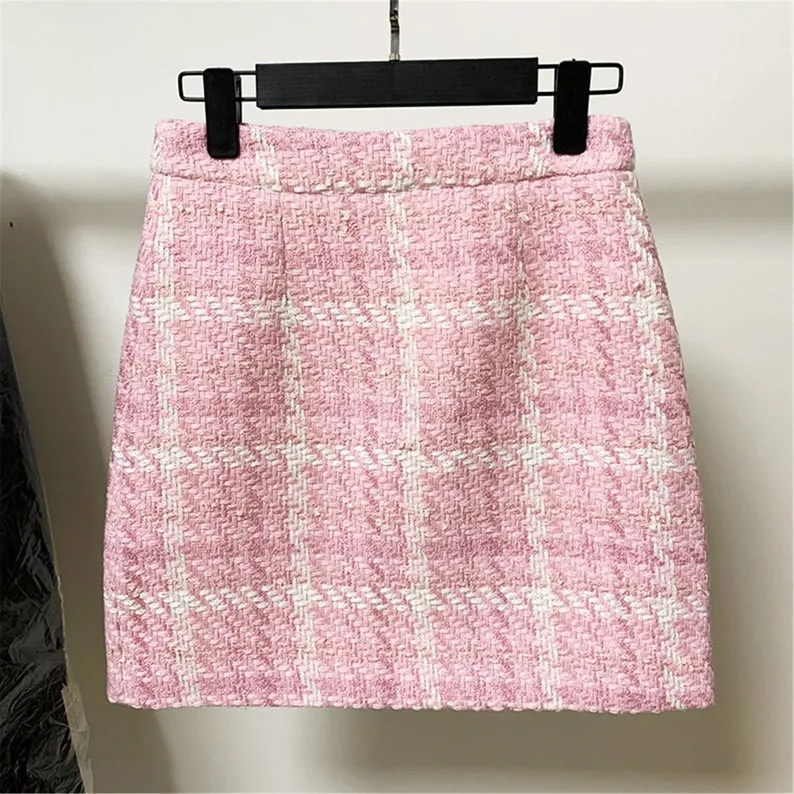 Women's Jewellery Buttons Tweed Pink Crop Blazer   Skirt