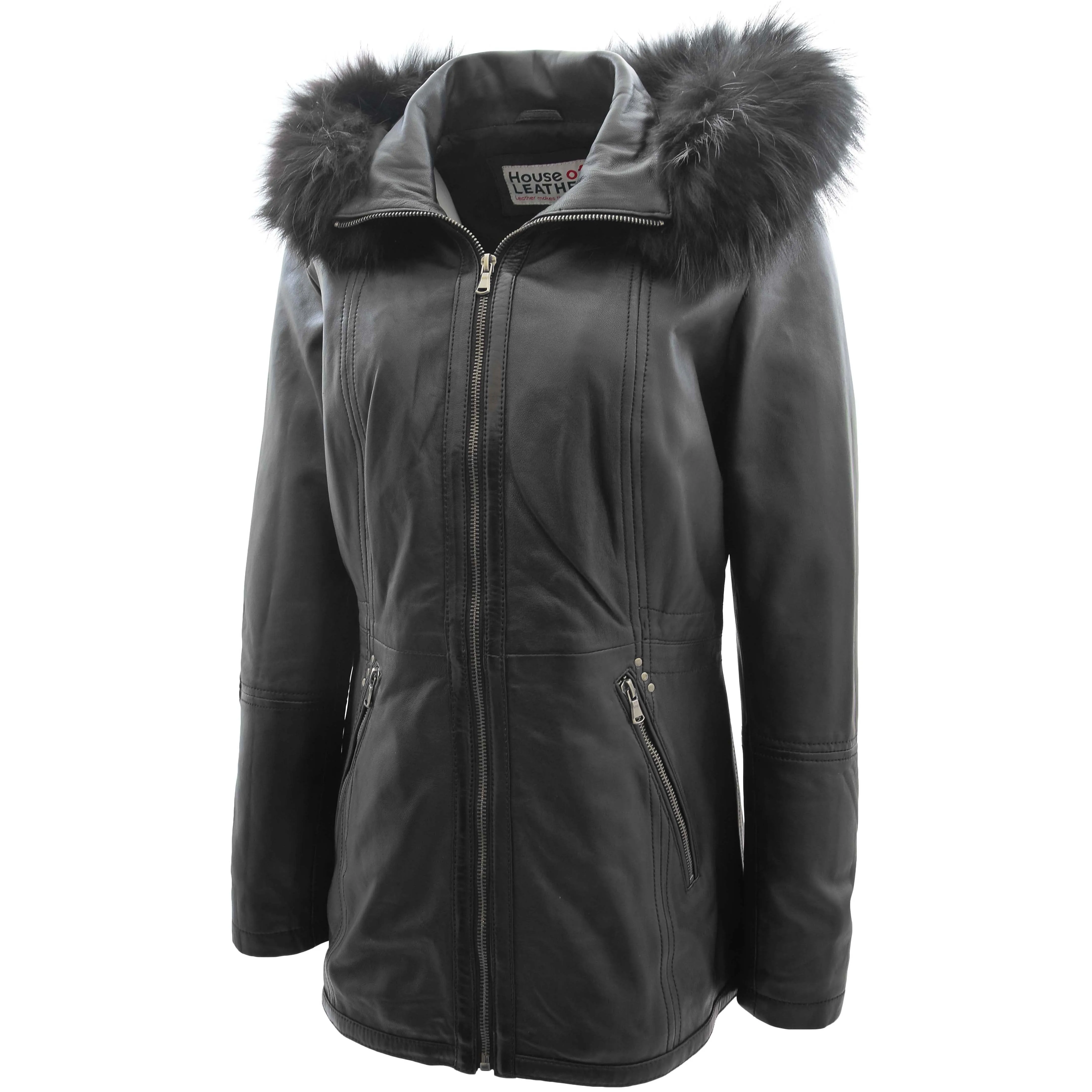 Womens Real Leather Mid Length Coat Fleur Black