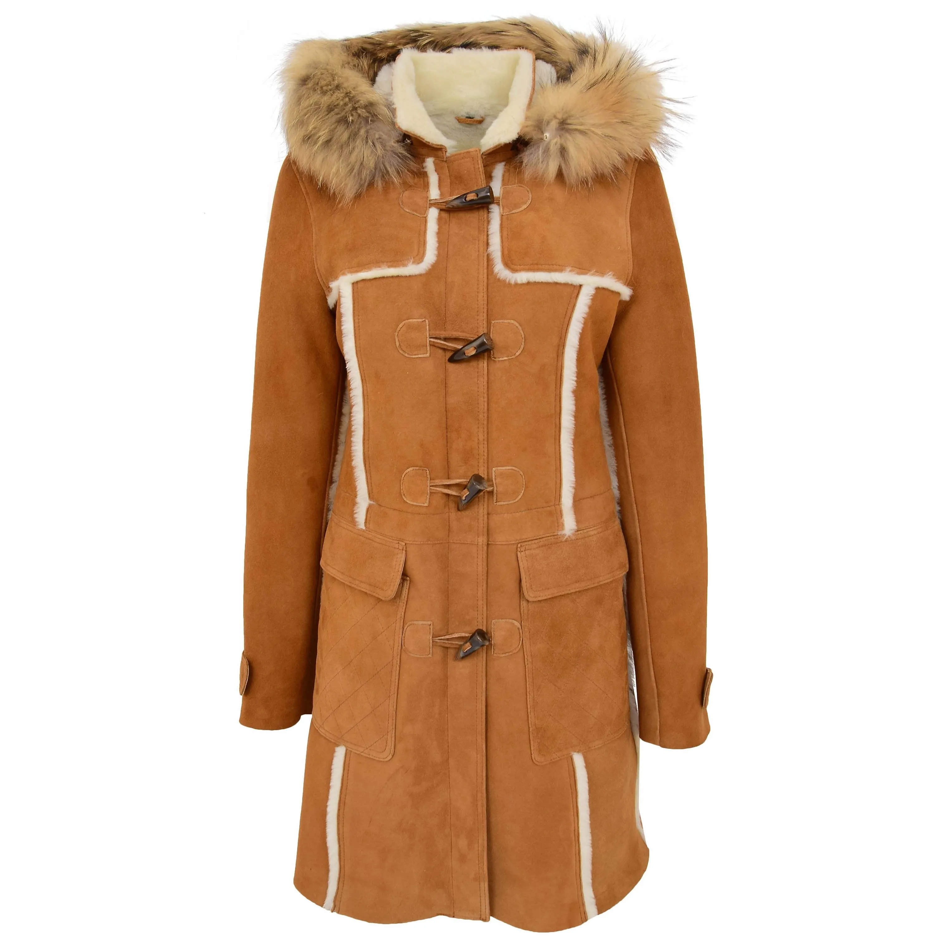 Womens Sheepskin Duffle Coat 3/4 Length Parka Beth Tan White