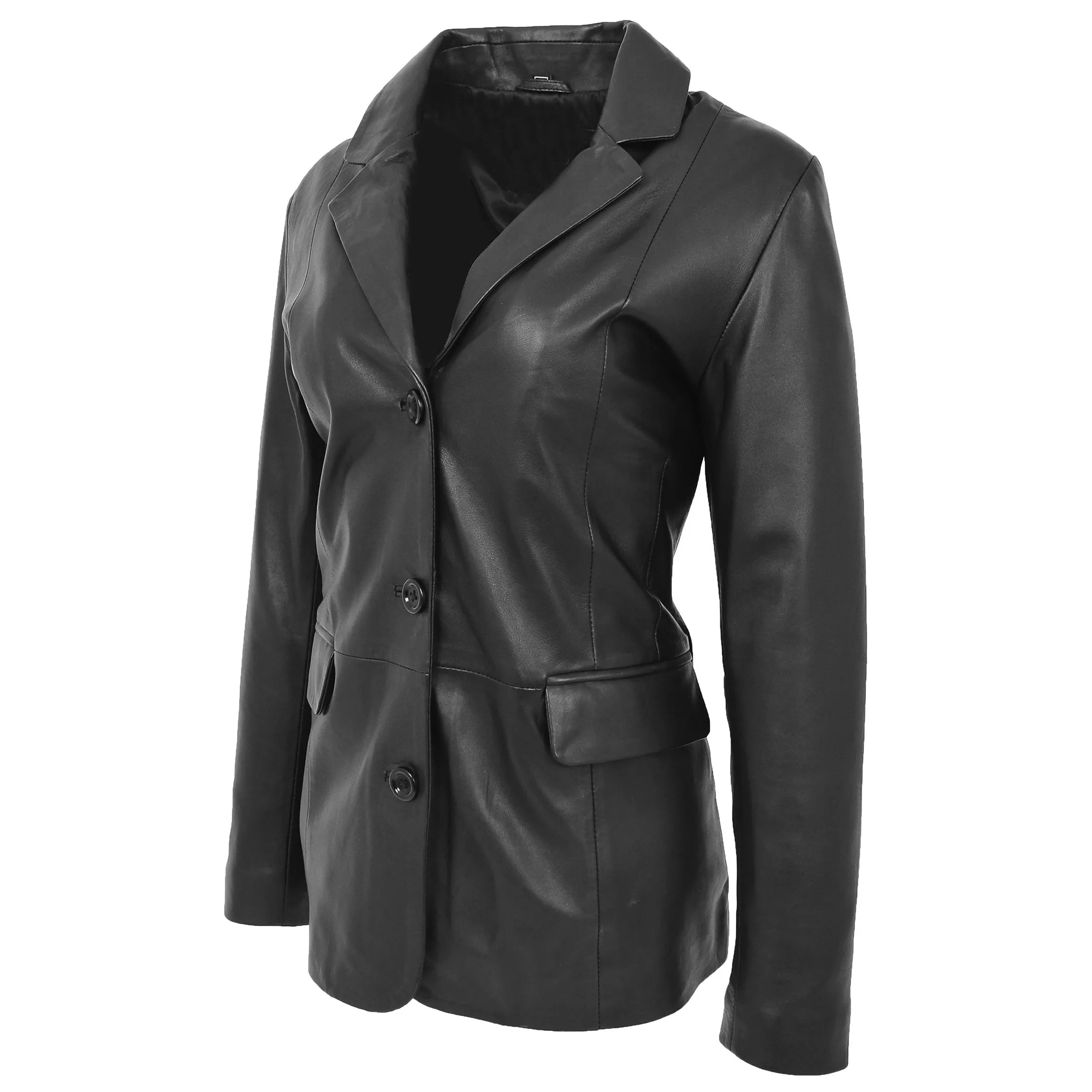 Womens Soft Black Leather Blazer Jacket Semi Fit Coat Leila