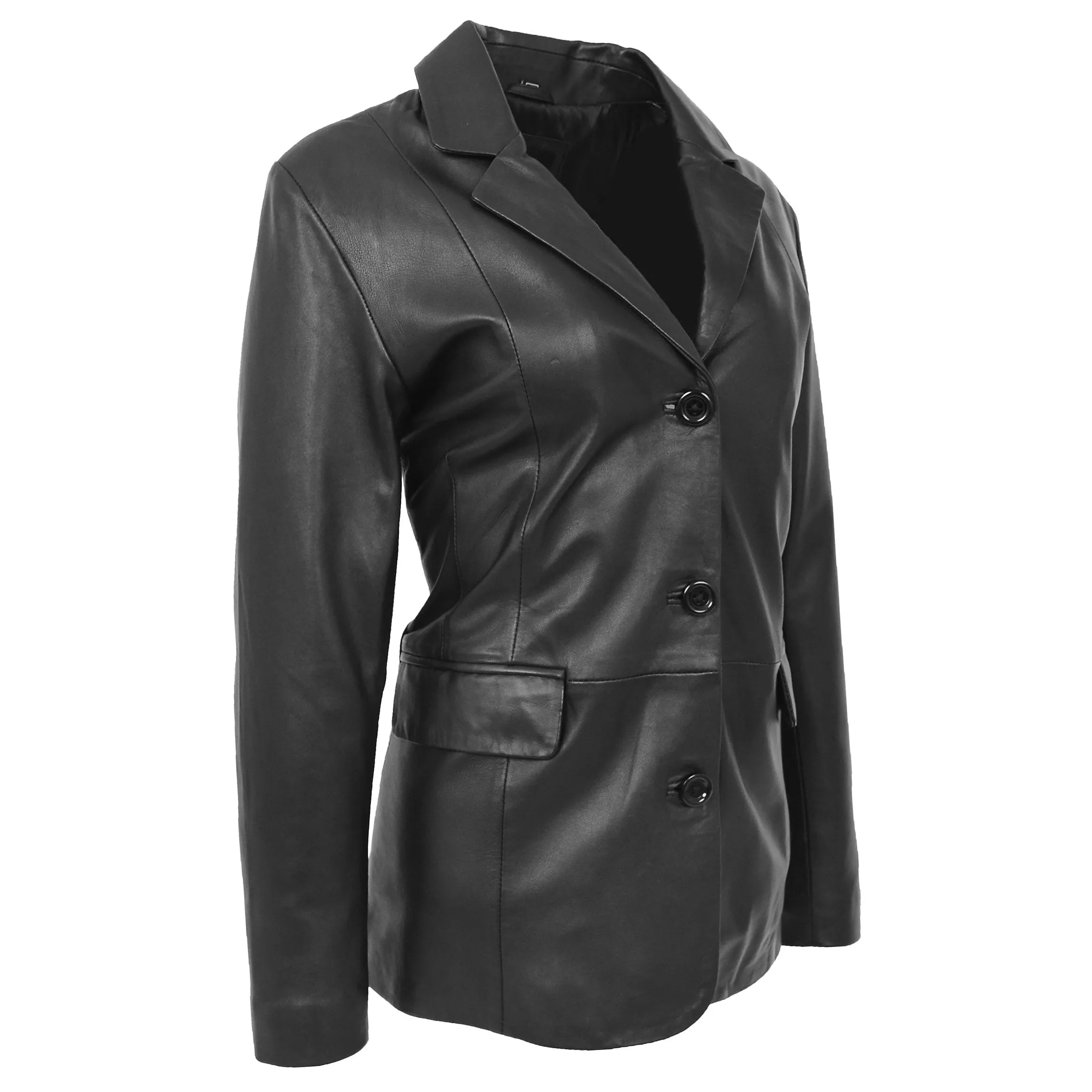 Womens Soft Black Leather Blazer Jacket Semi Fit Coat Leila