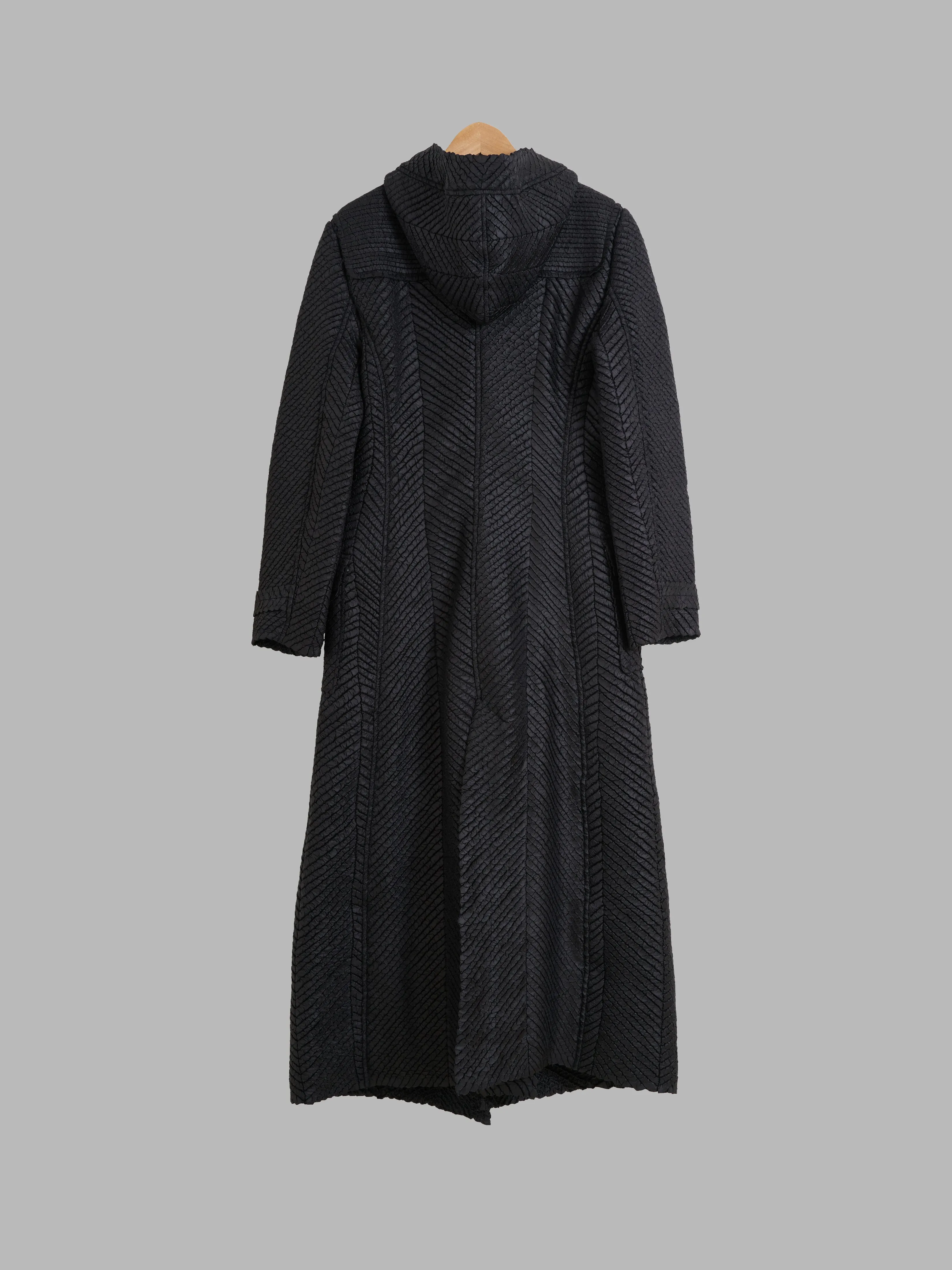 Yoshiki Hishinuma black pleated polyester full length hooded duffle coat - S M